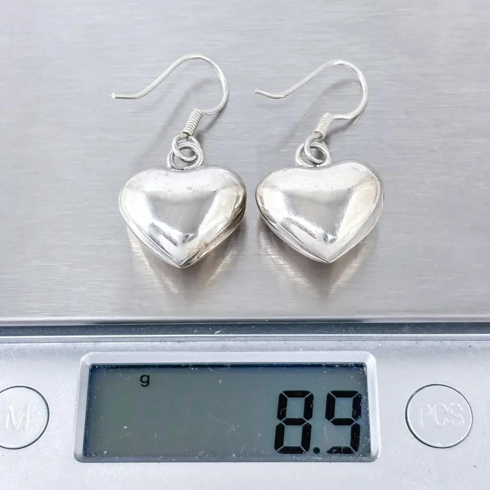 Vintage Sterling Silver 925 Puffy Heart Dangle Earrings